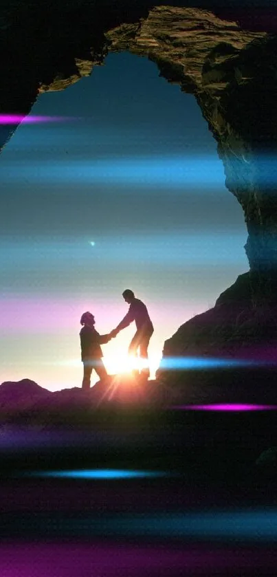 Silhouetted couple in vibrant sunset at cave entrance with colorful light streaks.