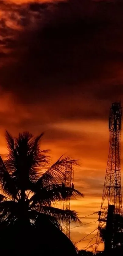 Silhouette of palm trees against a vibrant orange sunset sky.