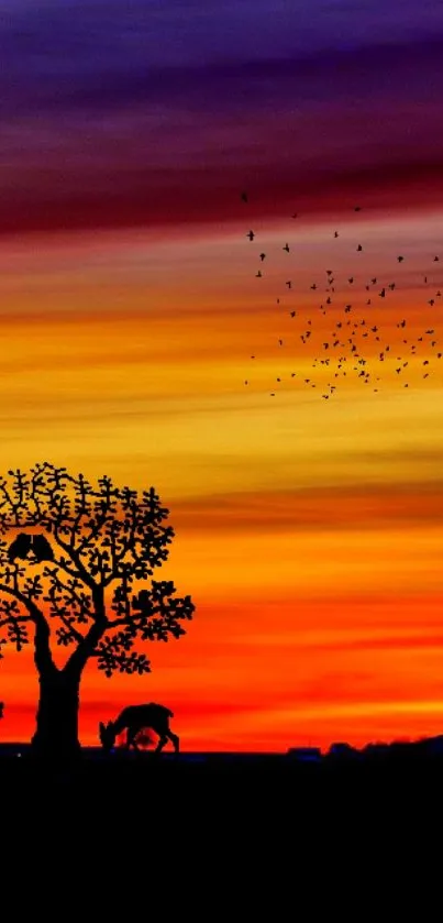 Vibrant sunset with tree silhouette and colorful sky.