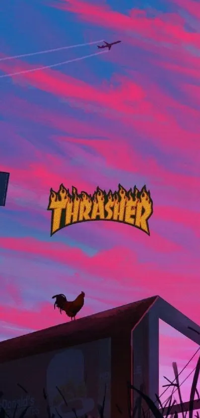 Vibrant pink sunset with Thrasher logo and urban scene.