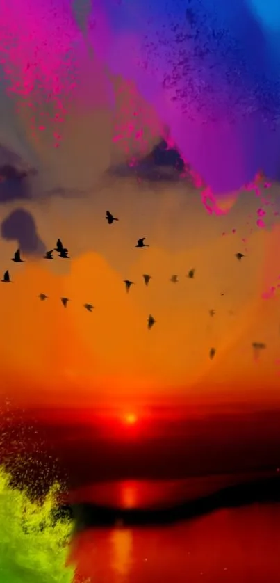 Colorful sunset sky with flying birds.