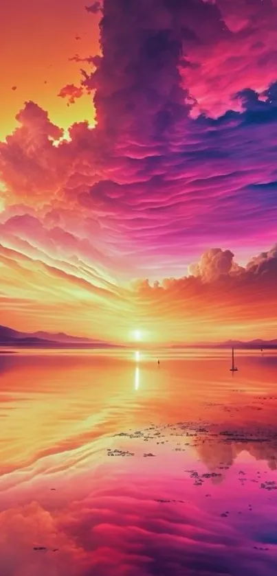 Vibrant sunset sky over a reflective water surface with colorful clouds.