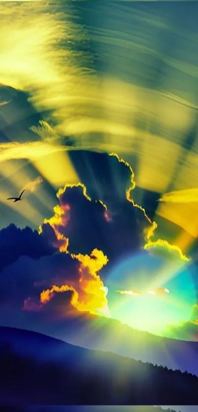 Colorful sunset with radiant clouds and dramatic light in the sky.