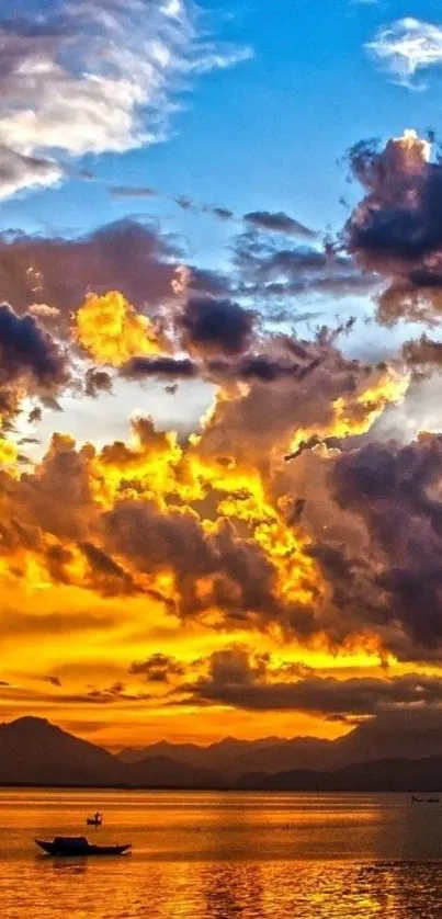 Vibrant sunset sky with golden clouds over calm sea.