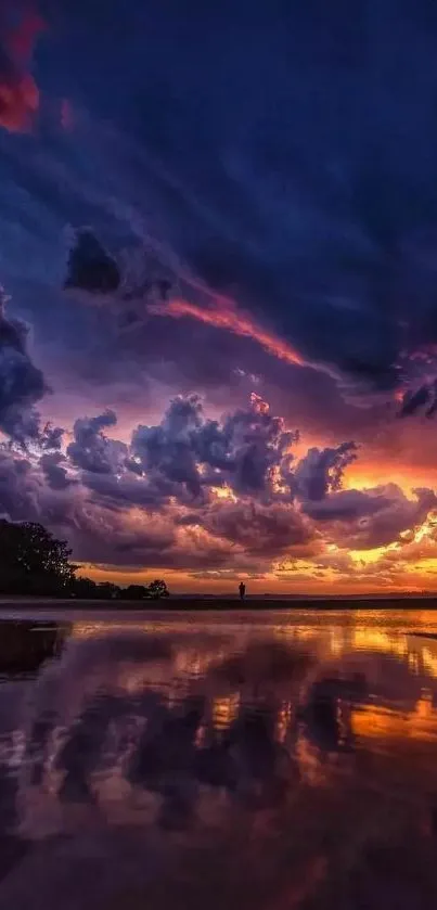 Vibrant sunset sky with dramatic clouds and reflections, ideal for mobile wallpaper.