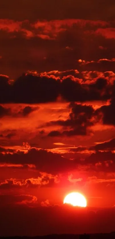 Dramatic red sunset with silhouetted clouds in the sky.