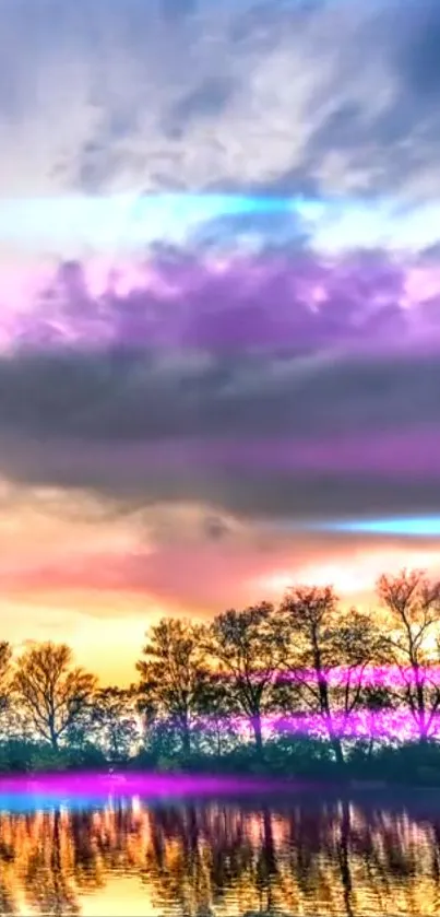 Vibrant sunset sky with colorful clouds and lake reflection.