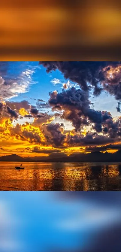 Vibrant sunset with orange clouds over a serene lake.