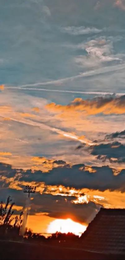 Vibrant sunset sky with orange and blue hues and scattered clouds.