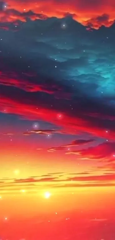 Vibrant sunset sky with red and blue hues, ideal for mobile wallpaper.