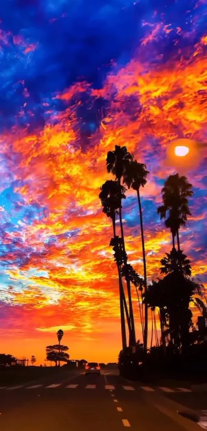 Vibrant sunset sky with palm trees silhouetted against orange and blue hues.