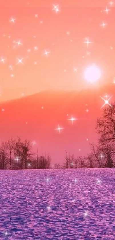 Sparkling sunset over snowy field wallpaper.