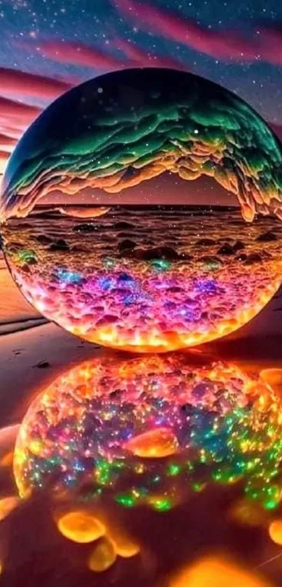 Vibrant glass sphere reflecting a colorful sunset on the beach.