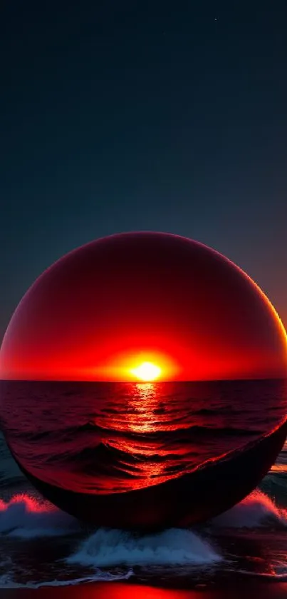 Vibrant sunset within a reflective sphere on ocean.