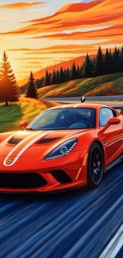 Vibrant sports car driving through sunset landscape.