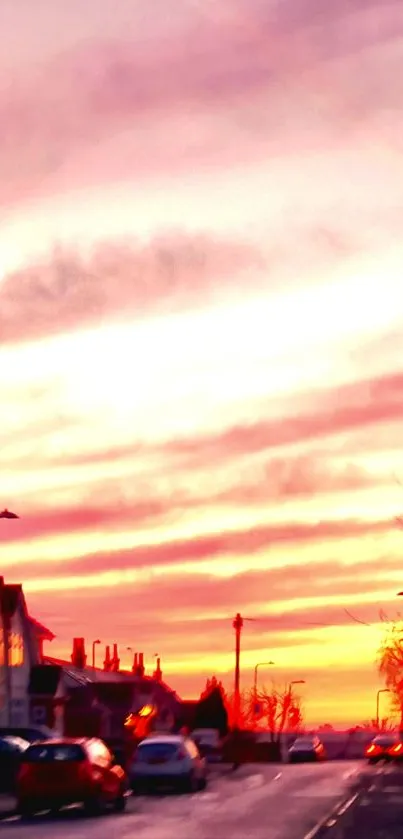 Sunset view over a suburban street with vibrant pink and orange sky.