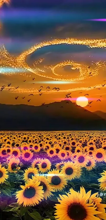 Vibrant sunset over sunflower field with swirling clouds and flying birds.