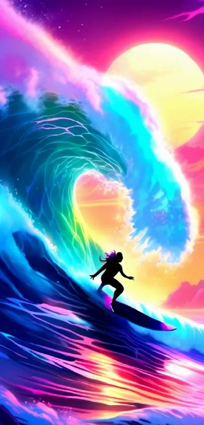 Surfer rides vibrant wave at sunset.