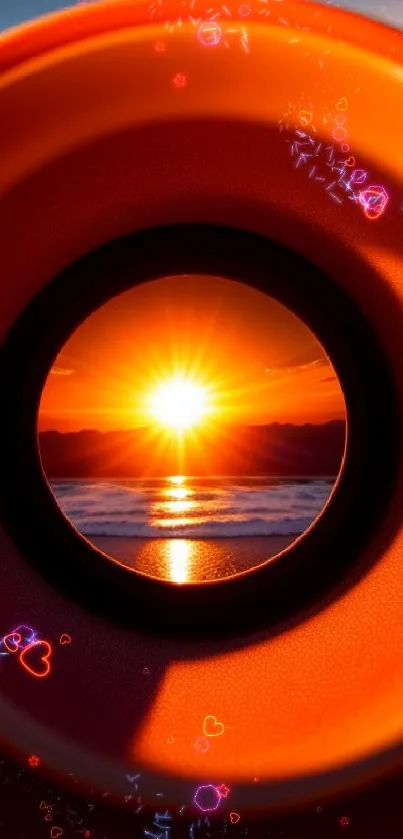 Sunset through a circular lens over the ocean.