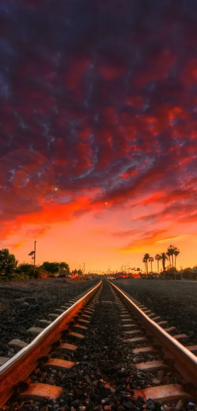 Vibrant sunset over train tracks with dramatic sky.