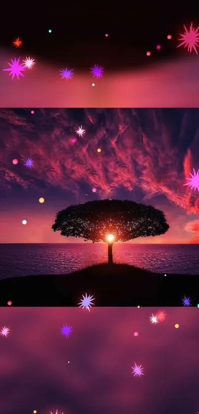 Silhouetted tree with sunset background and colorful starry accents.