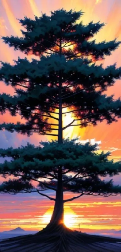 Silhouette tree with vibrant sunset sky on phone wallpaper.