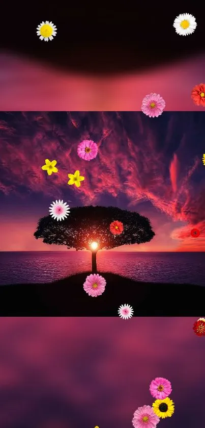 Sunset landscape wallpaper with tree and colorful flowers.