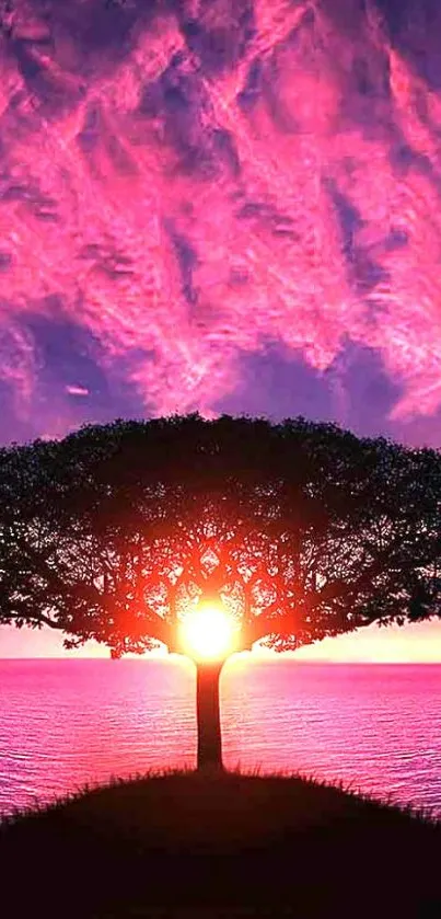 Serene sunset behind solitary tree over ocean in pink and purple hues.