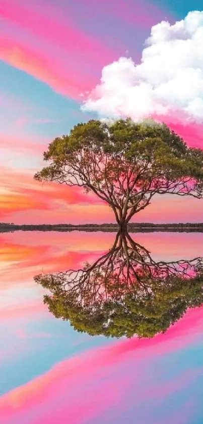 Vibrant sunset tree reflected in calm waters with pink and blue skies.