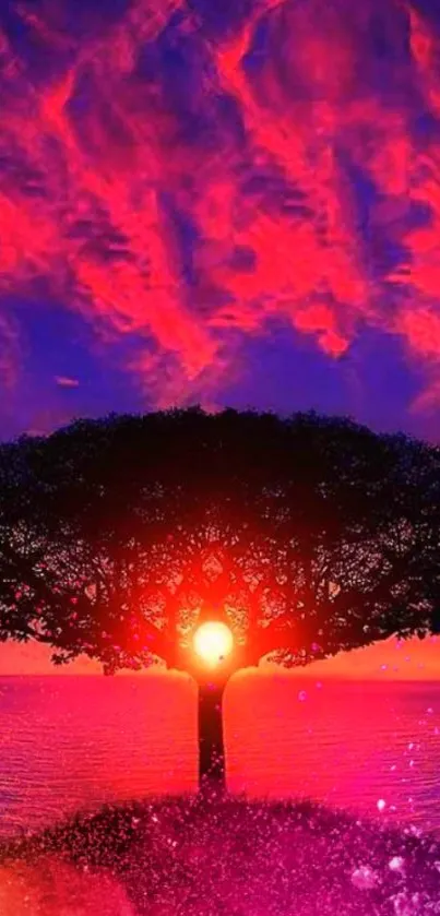 Vibrant sunset tree silhouette with purple and red sky.