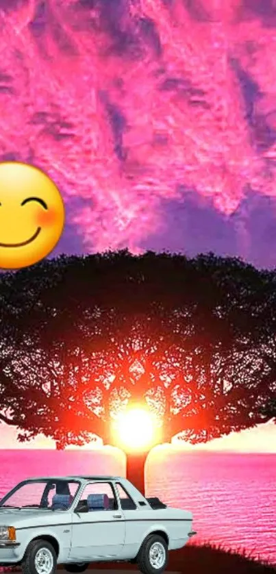 Colorful sunset tree with car and emoji.