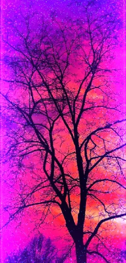 Vibrant magenta sunset with silhouetted tree and vivid sky.