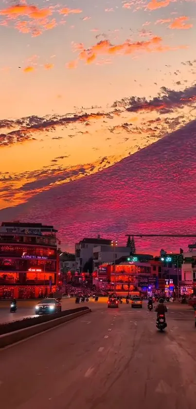 City street at sunset with vibrant sky and bustling life.