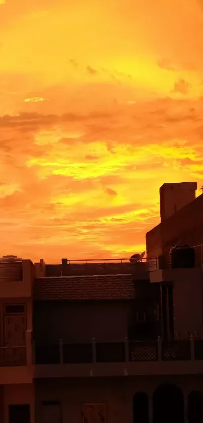 Vibrant orange sunset over urban skyline creating a serene ambiance.