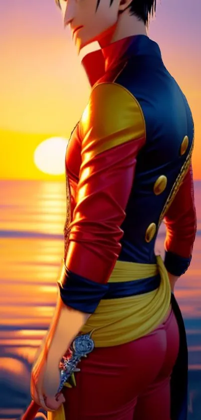 Anime warrior stands at sunset on the water, vibrant colors in background.