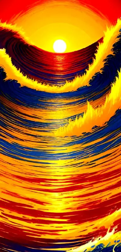 Vibrant sunset wave art with fiery reds and golden hues.