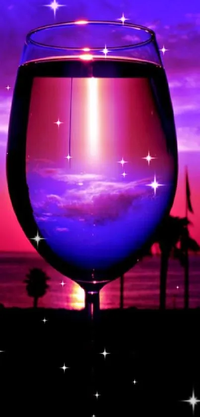 Sunset reflection in a wine glass with vibrant purple and pink hues.