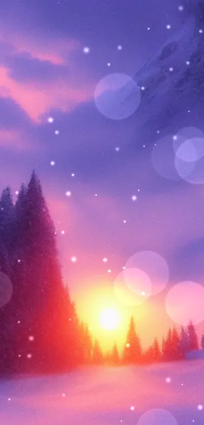 Winter landscape with purple sunset and snowy trees.
