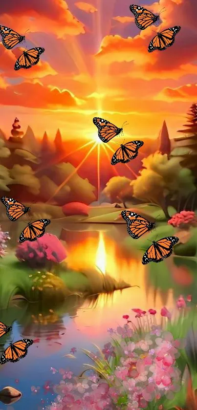 Vibrant sunset wallpaper with butterflies.