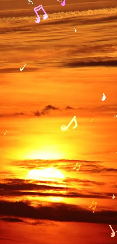 Vibrant sunset with musical notes on a warm orange sky.