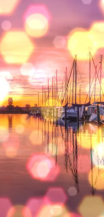 Sunset harbor with yachts and bokeh lights, vibrant and serene.