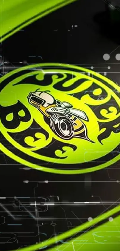 Super Bee logo on vibrant neon green car background.