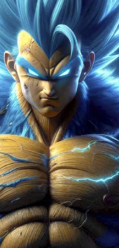 Super Saiyan character with blue hair and intense energy aura.