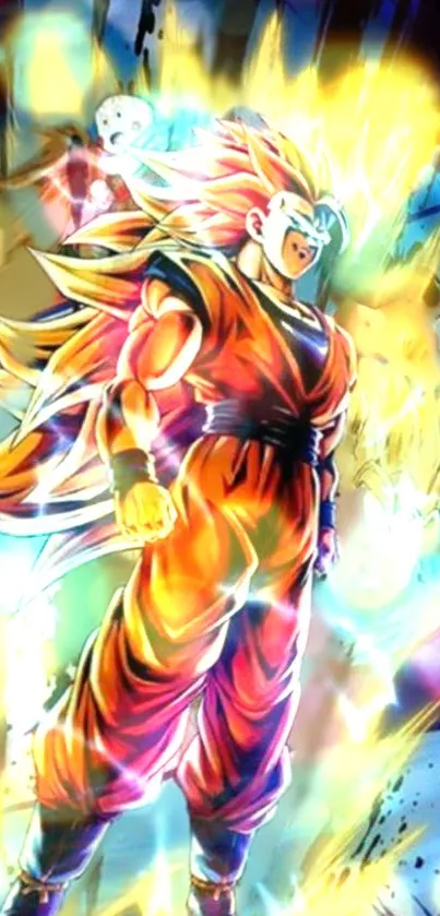 Super Saiyan with vibrant energy aura in dynamic anime wallpaper.