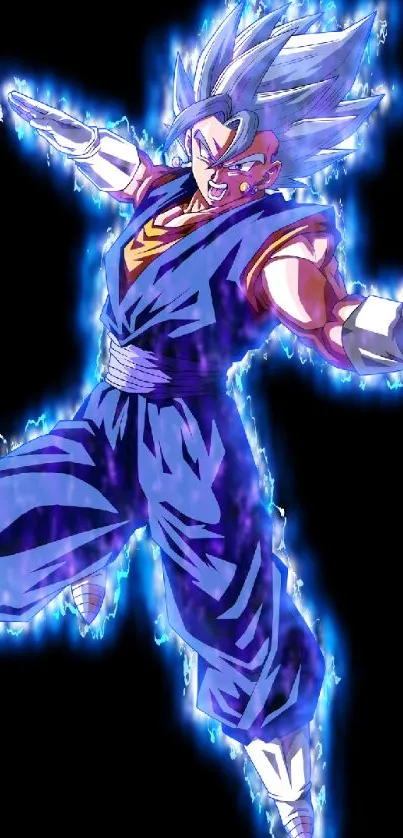 Vibrant Super Saiyan with electric blue aura on mobile wallpaper.