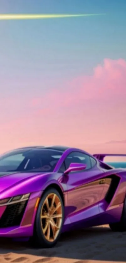 Purple supercar on a picturesque beach at sunset.