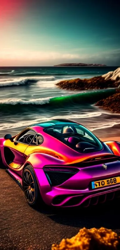 Vibrant supercar against ocean waves at sunset on a picturesque beach scene.