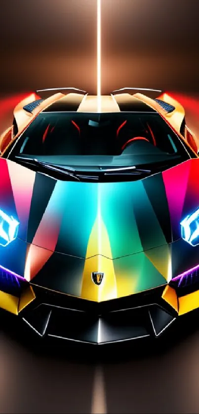 Vibrant supercar with colorful stripes on a dynamic road, perfect for mobile wallpaper.