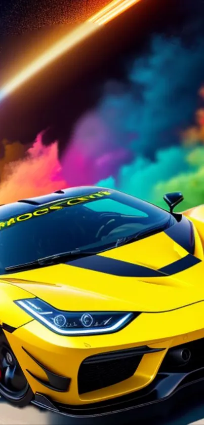 Yellow supercar with rainbow colors background on mobile wallpaper.