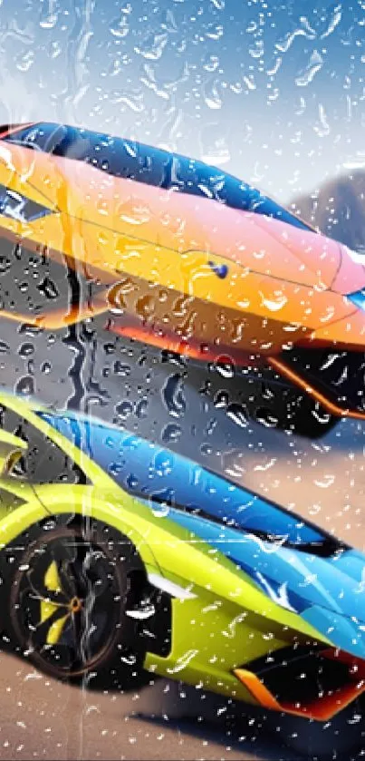 Colorful supercars in rain on mobile wallpaper.